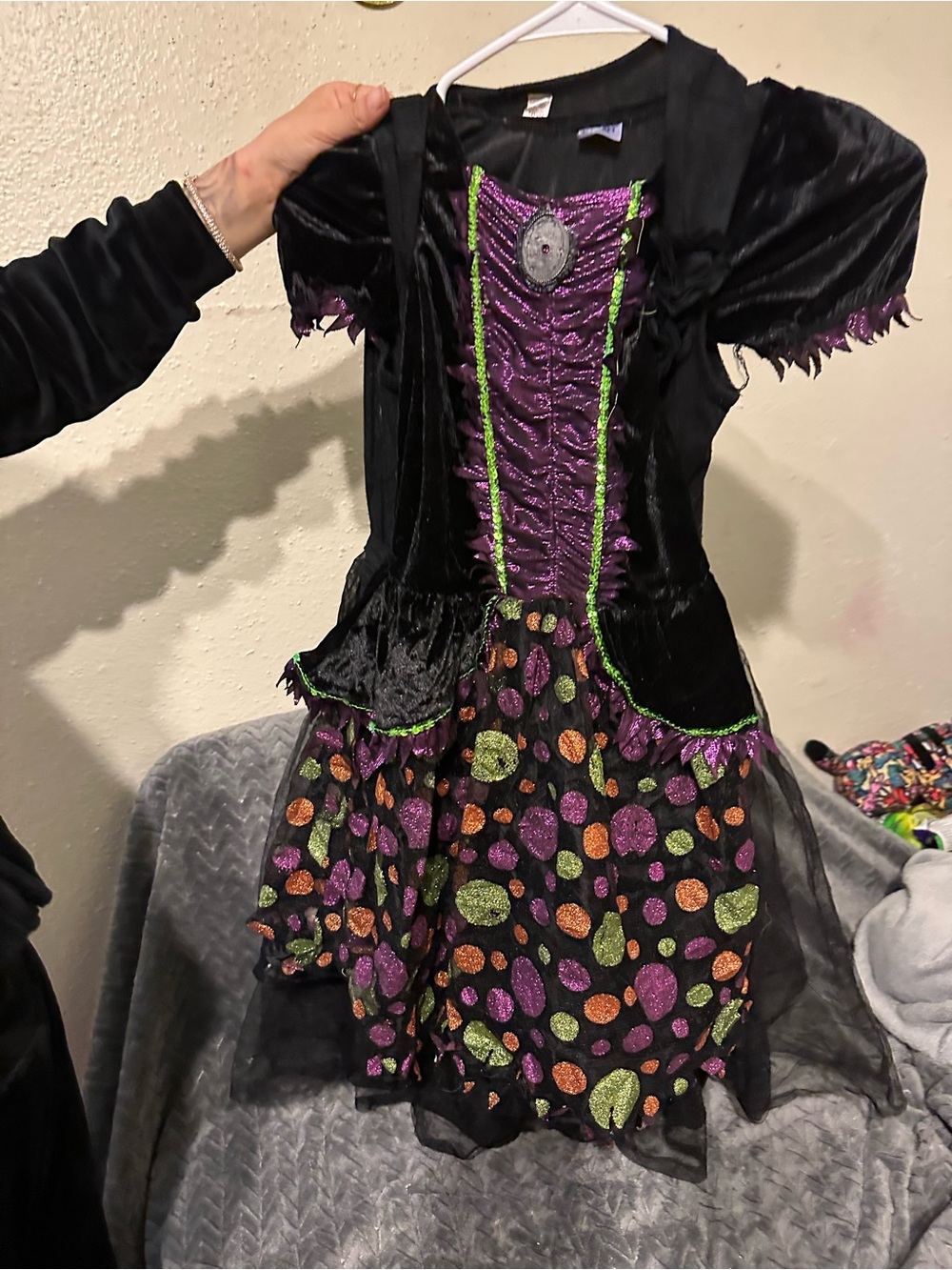 Girls Black and Purple Witch Costume with Glitter Polka Skirt